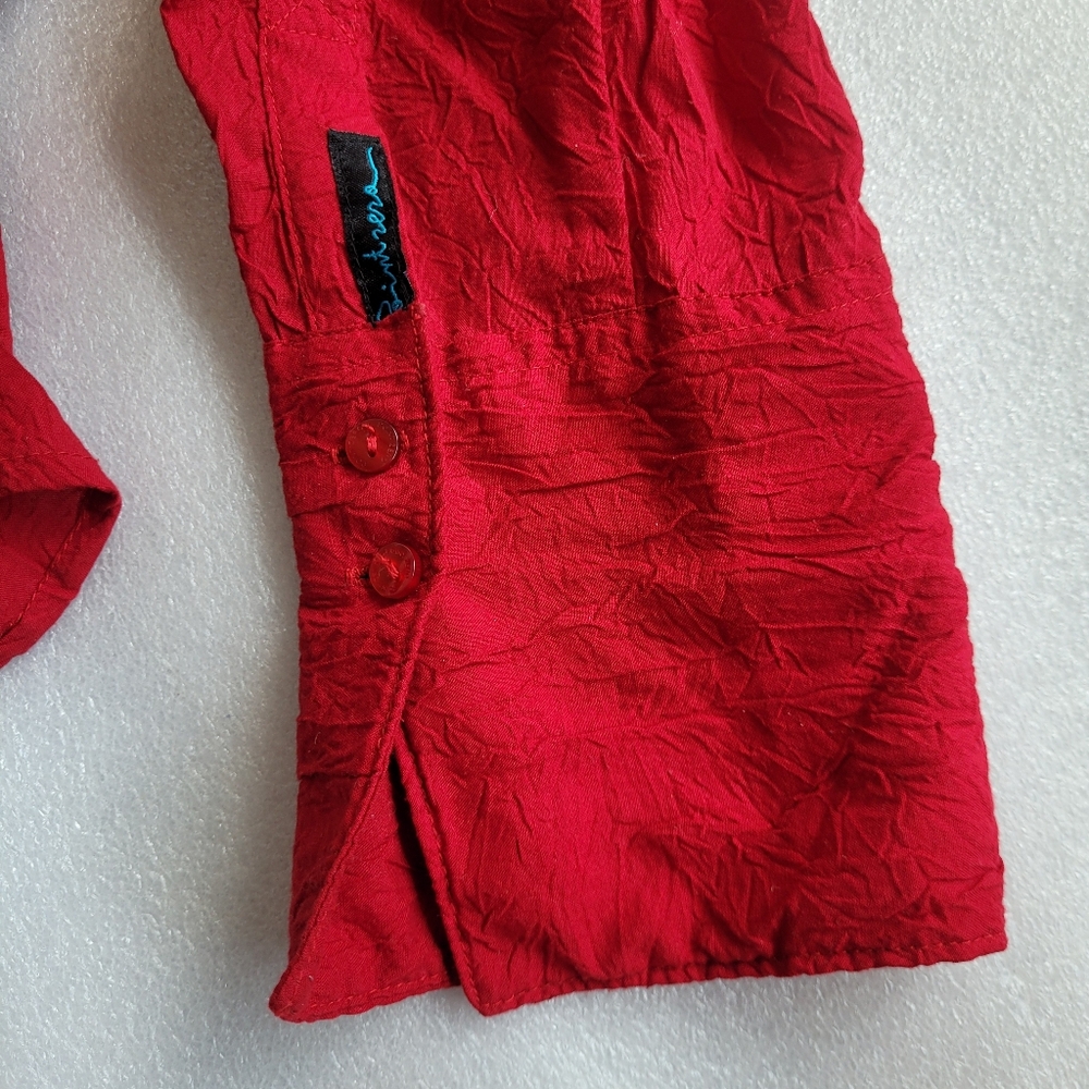90s Y2K Point Zero Floral Applique Beaded Blouse Red Crinkle Large - Picture 8 of 14